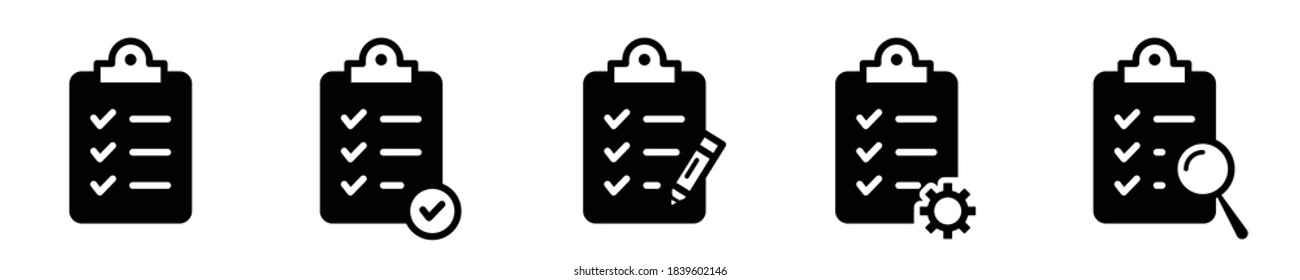 Clipboard icon. Checklist with gear, checkmarks, magnifier and pencil. Quality check line sign. Check List flat line icon. Form icon. Clipboard with gear technical support check list - stock vector