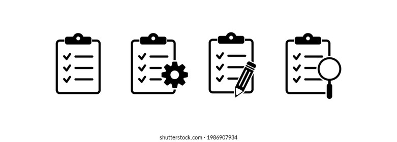 Clipboard icon. Checklist with gear, checkmarks, magnifier and pencil.