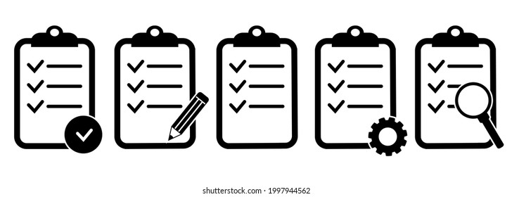 Clipboard icon. Checklist with gear, checkmarks, magnifier and pencil. Quality check line sign. Check List flat line icon. Form icon. Clipboard with gear technical support check list