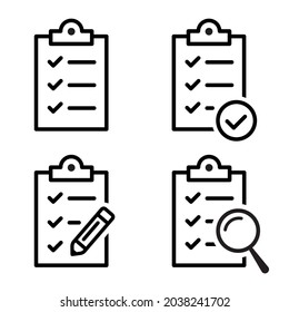 Clipboard icon. Checklist with gear, checkmarks, magnifier and pencil. Quality check line sign. Check List flat line icon. Form icon. Clipboard with gear technical support check list - stock vector.