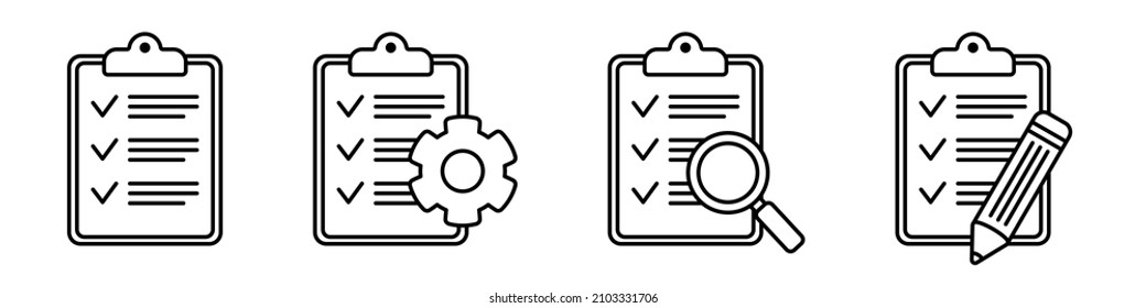 Clipboard icon. Checklist with gear, checkmarks, magnifier and pencil.