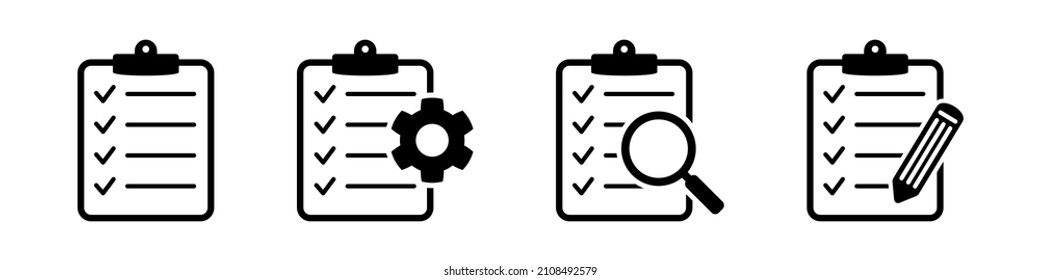 Clipboard icon. Checklist with gear, checkmarks, magnifier and pencil.