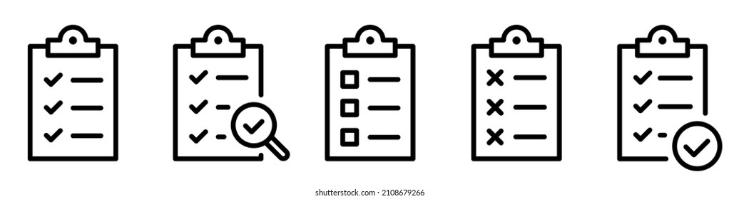 Symbol in der Zwischenablage. Checkliste mit Getriebe, Auswahlfeldern, Vergrößerung und Bleistift. Qualitätskontrollzeichen. Markieren Sie das Symbol flache Linie auflisten. Formular-Symbol. Zwischenablage mit Checkliste für technische Unterstützung der Ausrüstung - Stockvektorgrafik.