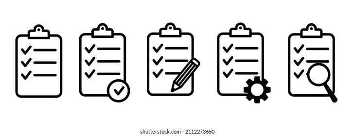 Clipboard icon. Checklist with gear, checkmarks, magnifier and pencil. Quality check line sign. Check List flat line icon. Form icon. Clipboard with gear technical support check list EPS 10