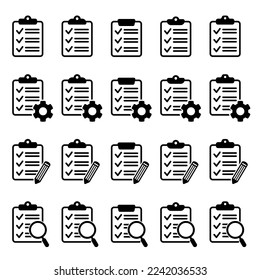 Clipboard icon. Checklist with gear, checkmarks, magnifier and pencil. Vector illustration.