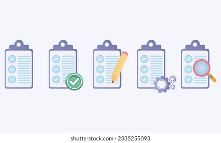 Clipboard icon. Checklist with gear, checkmarks, magnifier and pencil. Quality check line sign. Check List flat line icon. Form icon. on white background.Vector Design Illustration.