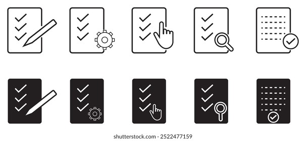 Icono de Portapapeles con lista de verificación, engranaje, marcas de verificación, lupa y lápiz - Iconos de formulario de verificación de calidad y Asistencia técnica