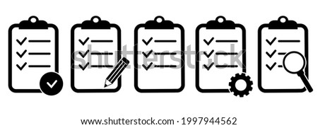 Clipboard icon. Checklist with gear, checkmarks, magnifier and pencil. Quality check line sign. Check List flat line icon. Form icon. Clipboard with gear technical support check list