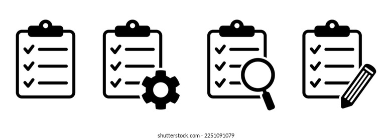 Clipboard icon. Checklist with gear, magnifier and pencil. Vector illustration.