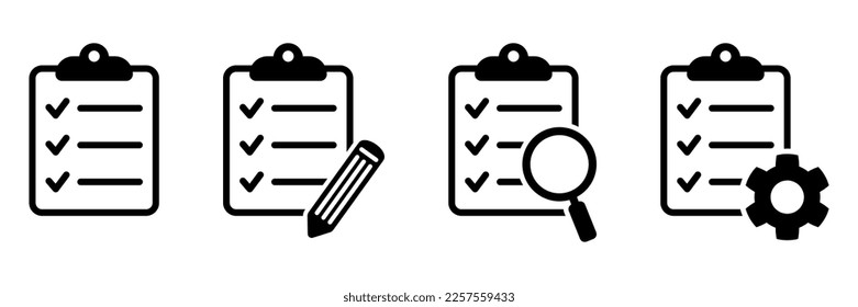 Clipboard icon. Checklist with gear, magnifier and pencil. Vector illustration.