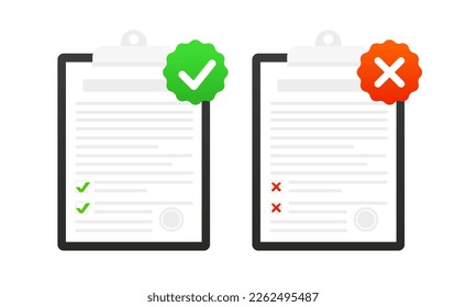 Clipboard icon with checkmark and cross. Symbols yes and no. Assignment, report, sheet. Contract documents. Document. Vector illustration