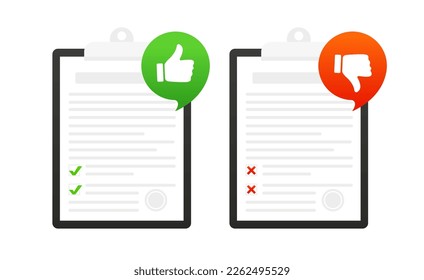 Clipboard icon with checkmark and cross. Symbols yes and no. Assignment, report, sheet. Document with seal and thumbs up and down. Vector illustration
