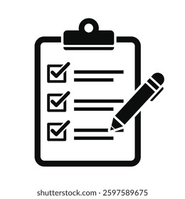 Clipboard icon with checkmarks and a pencil vector, isolated on a white background