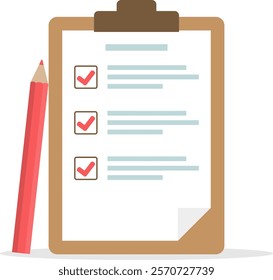 Clipboard, clipboard icon with completed tasks and a big red pencil. Vector, designer illustration. Vector.