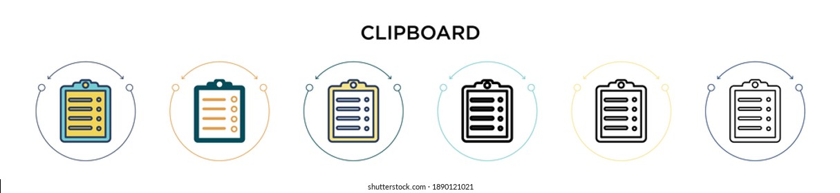 Clipboard icon in filled, thin line, outline and stroke style. Vector illustration of two colored and black clipboard vector icons designs can be used for mobile, ui, web