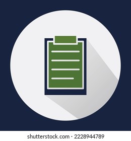 Clipboard icon with long shadow. Flat design style. Round icon