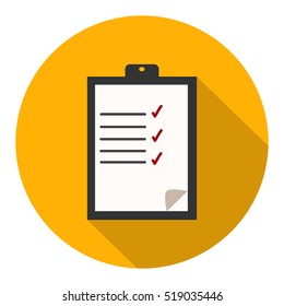 Clipboard icon with long shadow. Flat design style. Notepad simple icon.