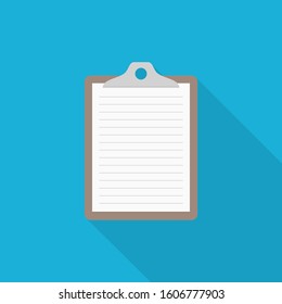 Clipboard icon with long shadow on blue background, flat design style