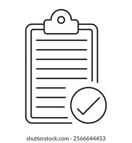 Clipboard icon with notes in black and white. Minimalistic design perfect for office themes, task management visuals, organization, project planning, educational projects, and work related designs.