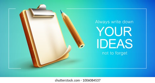 Clipboard icon for notes with clean sheet of paper and pencil writing messages. Eps10 vector illustration.