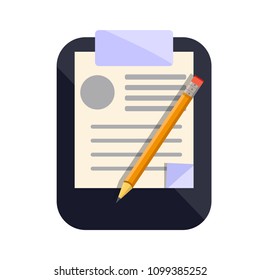 Clipboard icon for notes with sheet of paper and pencil writing messages. Flat cartoons style vector illustration icons. Isolated on white. Checklist. Clipboard with pencil. Patient care.Questionnaire