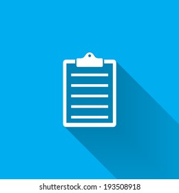 Clipboard icon on blue background.