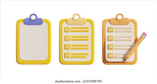 clipboard icon with paper check list icon set 3d render