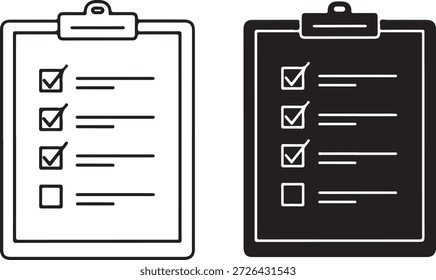Icono de Portapapeles que representa los resultados exitosos del examen de finalización de la Encuesta de gestión de tareas o los elementos de la lista diaria para hacer que ilustran la organización y planificación de la eficacia esenciales para documentos comerciales. Aplicaciones digitales y herramientas de productividad presentadas en versiones sólidas tanto de línea delgada como rellenadas aisladas