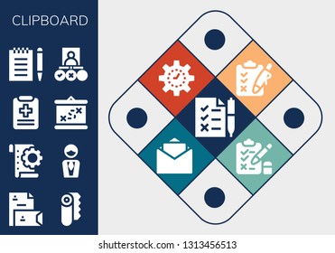 clipboard icon set. 13 filled clipboard icons.  Collection Of - Tasks, Stationery, Paper, Planning, Manager, Medical report, Boarding, Notepad, Clipboard, Management, Blank, Test