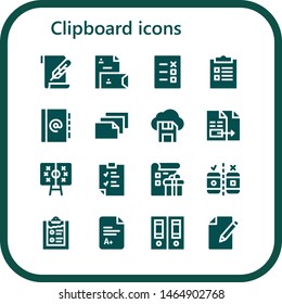 clipboard icon set. 16 filled clipboard icons.  Collection Of - Paper, Stationery, List, Checklist, Agenda, Diskette, Document, Tactics, Clipboard, Testing, Exam, Documentation