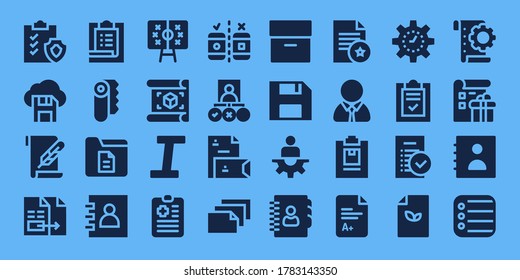 clipboard icon set. 32 filled clipboard icons. on blue background style Simple modern icons such as: Clipboard, Diskette, Paper, Document, Task, Agenda, Tactics, Plan, Italic