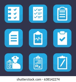 Clipboard icon. set of 9 filled clipboard icons such as doctor prescription, checklist