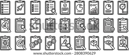 Clipboard Icon Set with Analytics, Checklist, Magnifier, Rocket, Calculator, Percentage, Tax, and Delivery Illustration