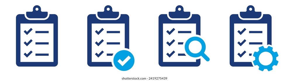 Clipboard icon set. Check list vector icon. Checklist with gear, checkmarks, magnifier.