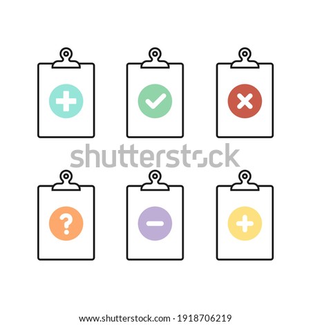 Clipboard icon set. Check mark. Check list. Minus sign. Plus sign. Question mark. Vector illustration, flat design