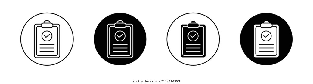 Clipboard Icon Set. Checklist Board Clip Task Check Vector Symbol in a black filled and outlined style. Memo Survey Quality Sign.