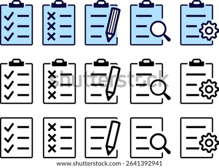 Clipboard icon set. Checklist with checkmark cross and search. Edit note document illustration.