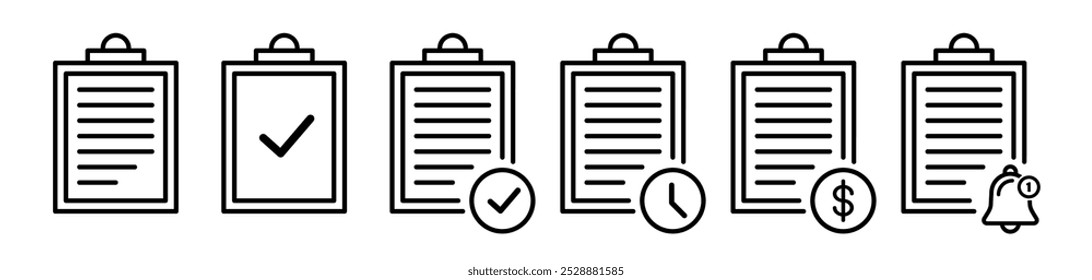Clipboard icon set. Checklist with file document. Outline clip board paper test  with checkmark. Notepad symbol. Vector illustration.