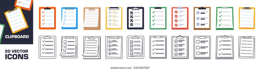 Conjunto de iconos del portapapeles. Juego de iconos de lista de verificación. Estilo lineal.