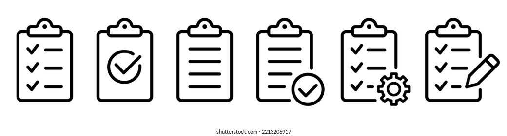 Clipboard icon set. Checklist on the clipboard line icon with checkmarks, checklist, document, gear, pencil. Clipboard outline icons. Checklist symbol. Editable stroke. Isolated. Vector illustration