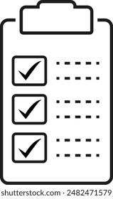 Zwischenablage-Symbolsatz. Checkliste auf der Zwischenablage-Linie-Symbol mit Auswahlfeldern, Checkliste, Dokument, Zahnrad, Bleistift. Gliederungssymbole der Zwischenablage. Prüflistensymbol. Bearbeitbarer Strich. Isoliert. Vektorillustration