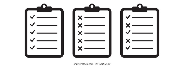 Clipboard icon set. Checklist on the clipboard line icon with checkmarks, checklist, document, gear, pencil. Clipboard outline icons. Checklist symbol. Editable stroke. Vector illustration.