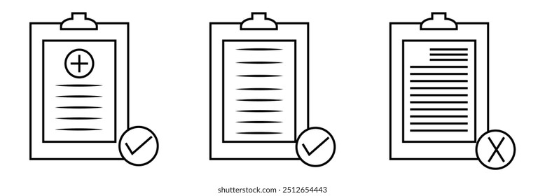 Clipboard icon set. Checklist on the clipboard line icon with checkmarks, checklist, document, gear, pencil. Clipboard outline icons. Medical checkup icon eps 10.
