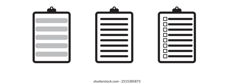 Conjunto de ícones da área de transferência. Lista de verificação no ícone da linha da área de transferência com marcas de verificação, lista de verificação, documento. Ícones da estrutura de tópicos da área de transferência. Símbolo de lista de verificação.