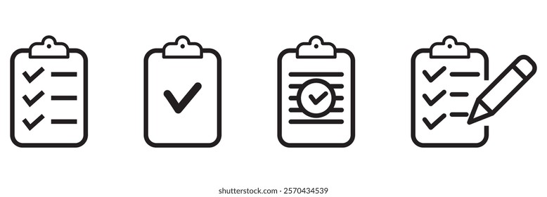 Clipboard icon set. Checklist on the clipboard line icon with checkmarks, checklist, document, gear, pencil. Clipboard outline icons. Checklist symbol. Editable stroke. Isolated. Vector illustration