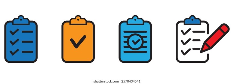 Clipboard icon set. Checklist on the clipboard line icon with checkmarks, checklist, document, gear, pencil. Clipboard outline icons. Checklist symbol. Editable stroke. Isolated. Vector illustration