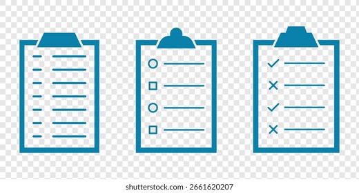 Symbolsatz für die Zwischenablage. Checkliste auf der Zwischenablage mit Markierungen, Checkliste, Dokument, Ausrüstung, Bleistift. Gliederungssymbole der Zwischenablage. Checklisten-Symbol. Bearbeitbarer Strich. Symbol für bearbeitbare Konturgliederung. 