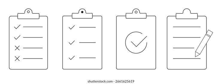 Conjunto de ícones da área de transferência. Lista de verificação no ícone da linha da área de transferência com marcas de verificação, lista de verificação, documento, engrenagem, lápis. Ícone da estrutura de tópicos da área de transferência. Símbolo de lista de verificação. Ícone da linha da área de transferência. eps 10