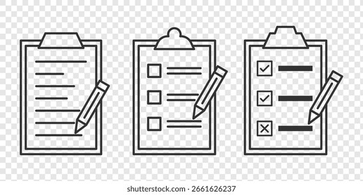 Symbolsatz für die Zwischenablage. Checkliste auf der Zwischenablage mit Markierungen, Checkliste, Dokument, Ausrüstung, Bleistift. Gliederungssymbole der Zwischenablage. Checklisten-Symbol. Bearbeitbarer Strich. UI für Website-Marketingdesign