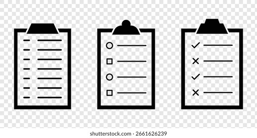 Symbolsatz für die Zwischenablage. Checkliste auf der Zwischenablage mit Markierungen, Checkliste, Dokument, Ausrüstung, Bleistift. Gliederungssymbole der Zwischenablage. Checklisten-Symbol. Bearbeitbarer Strich. UI für Website-Marketingdesign